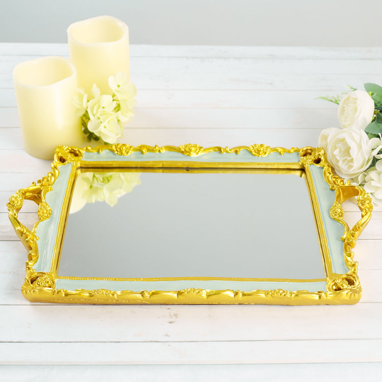 Rectangle Mirrored 15 Inch x 10 Inch Resin Decorative Vanity Serving Tray in Metallic Gold & Mint Green