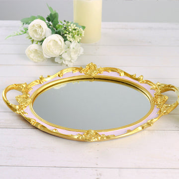 Metallic Gold/Pink Oval Resin Decorative Vanity Serving Tray, Mirrored Tray with Handles - 14"x10"