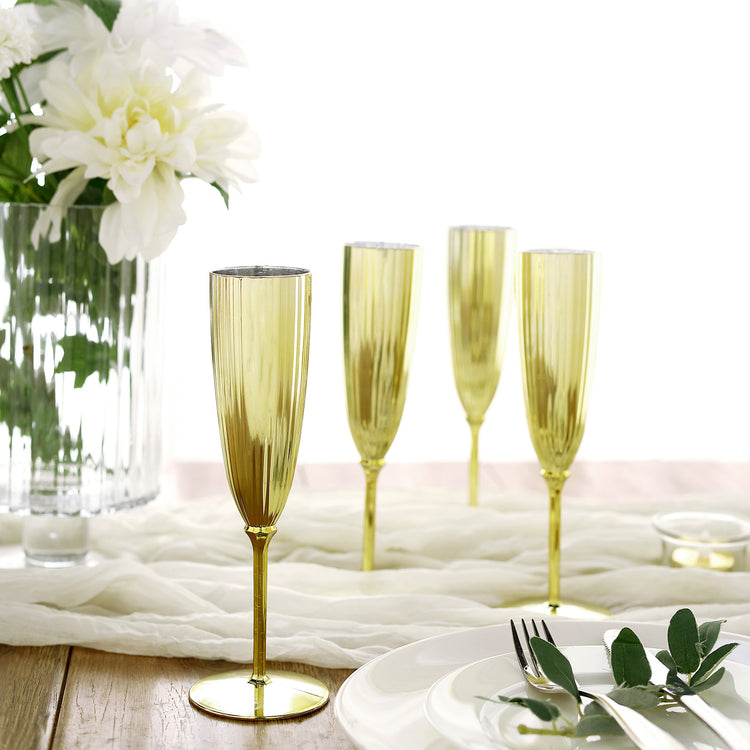 6 Pack Champagne Flutes In Metallic Gold 5oz Plastic Disposable 