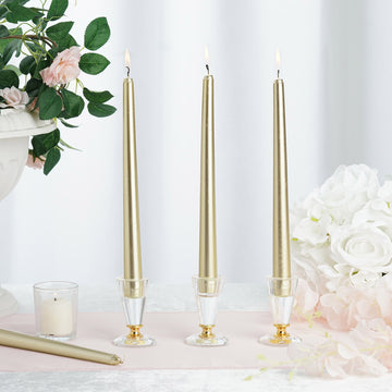 12 Pack | Metallic Gold 10" Premium Wax Taper Candles, Unscented Candles