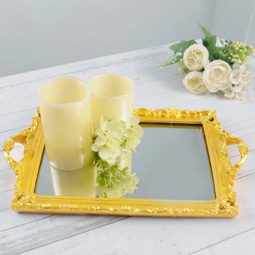 Metallic Gold Resin Decorative Vanity Serving Tray, Rectangle Mirrored Tray 15"x10"