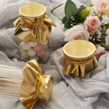 6 Pack Metallic Gold Round Lame Fabric Party Favor Jar Covers DIY With Satin Tie String, Craft Supplies 6"