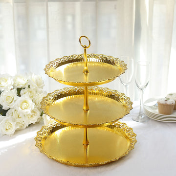 15" Metallic Gold 3-Tier Round Plastic Cupcake Display Tray Tower With Lace Cut Scalloped Edges, Decorative Dessert Stand