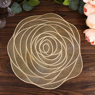 6 Pack Metallic Gold Round Washable Rose Flower Placemats, Non Slip Vinyl Dining Table Mats 15"