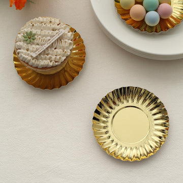 50 Pack | 3.5" Metallic Gold Scalloped Rim Mini Paper Dessert Plates, Disposable Round Tapas Party Plates - 250 GSM