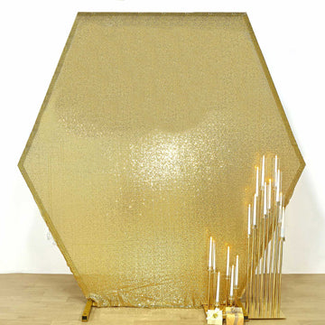 Metallic Gold Sparkle Sequin Hexagon Wedding Arch Cover, Shiny Shimmer Backdrop Stand Cover 2-Sided Custom Fit 8ftx7ft
