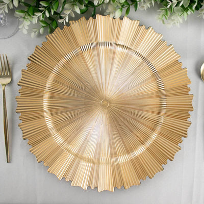 Gold textured charger plate with a starburst design.