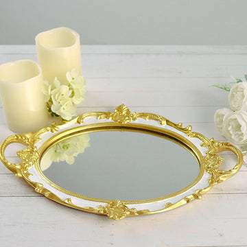 Metallic Gold/White Oval Resin Decorative Vanity Serving Tray, Mirrored Tray with Handles 14"x10"