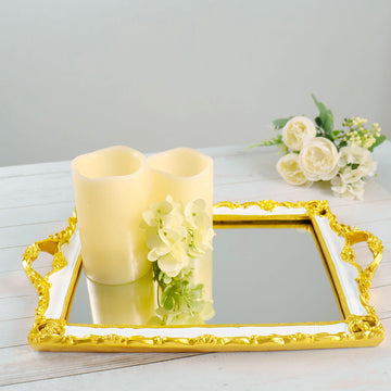 Metallic Gold/White Resin Decorative Vanity Serving Tray, Rectangle Mirrored Tray 15"x10"