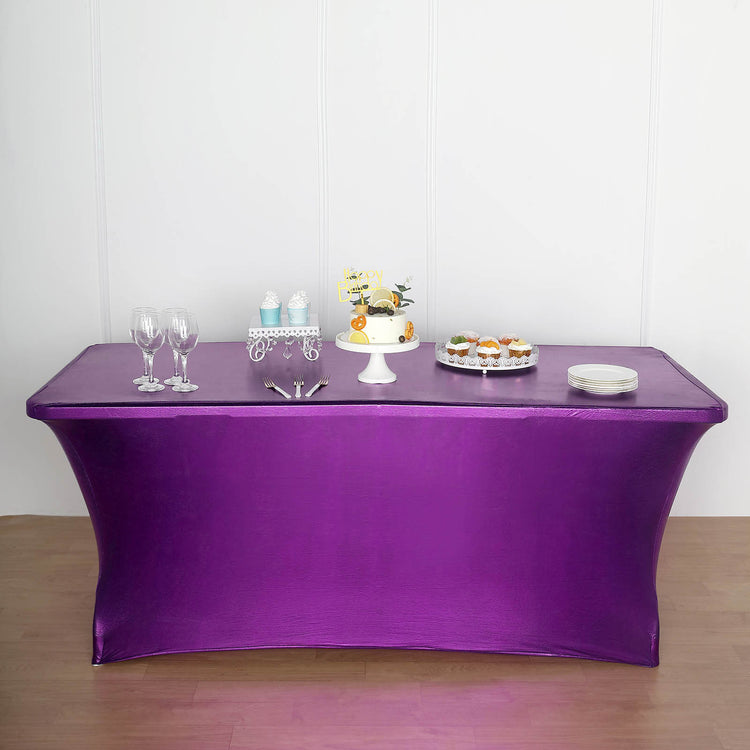 Rectangular Metallic Purple Stretch Spandex Table Cover 6 Feet