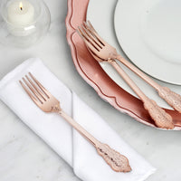 24 Pack Metallic Rose Gold Baroque Style Heavy Duty Plastic Forks 8"