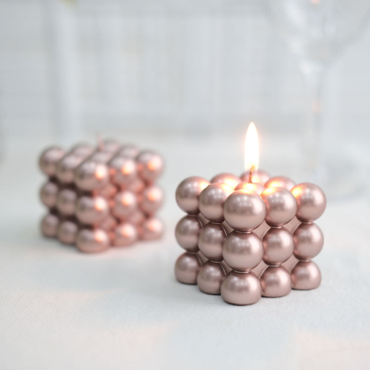 2 Pack Metallic Rose Gold Bubble Cube Decorative Paraffin Wax Unscented Long Burning Pillar Candle Gift 2 Inch