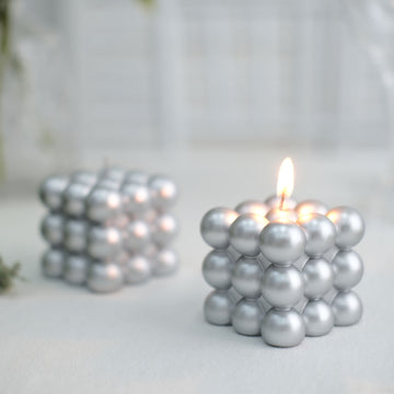2 Pack Metallic Silver Bubble Cube Decorative Paraffin Wax Candle Set, Unscented Long Burning Pillar Candle Gift 2"