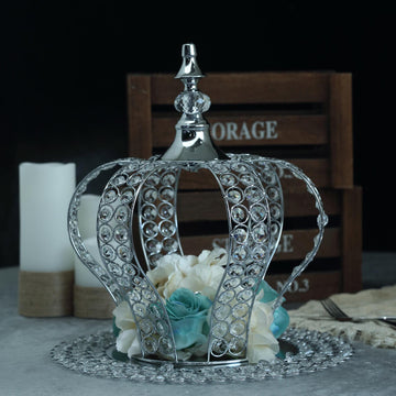 Metallic Silver Crystal-Bead Royal Crown Cake Topper, Centerpiece 14"
