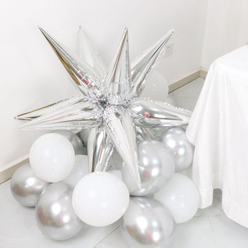 36 Pack Metallic Silver DIY Mylar Foil Starburst Cone Balloons, 3D Explosion Star Party Balloons Kit - Customizable
