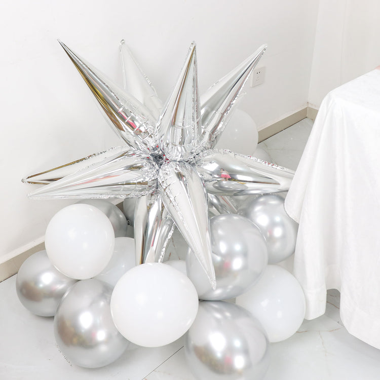 Silver Starburst Metallic 3D Mylar Foil Cone Balloons 36 Pack