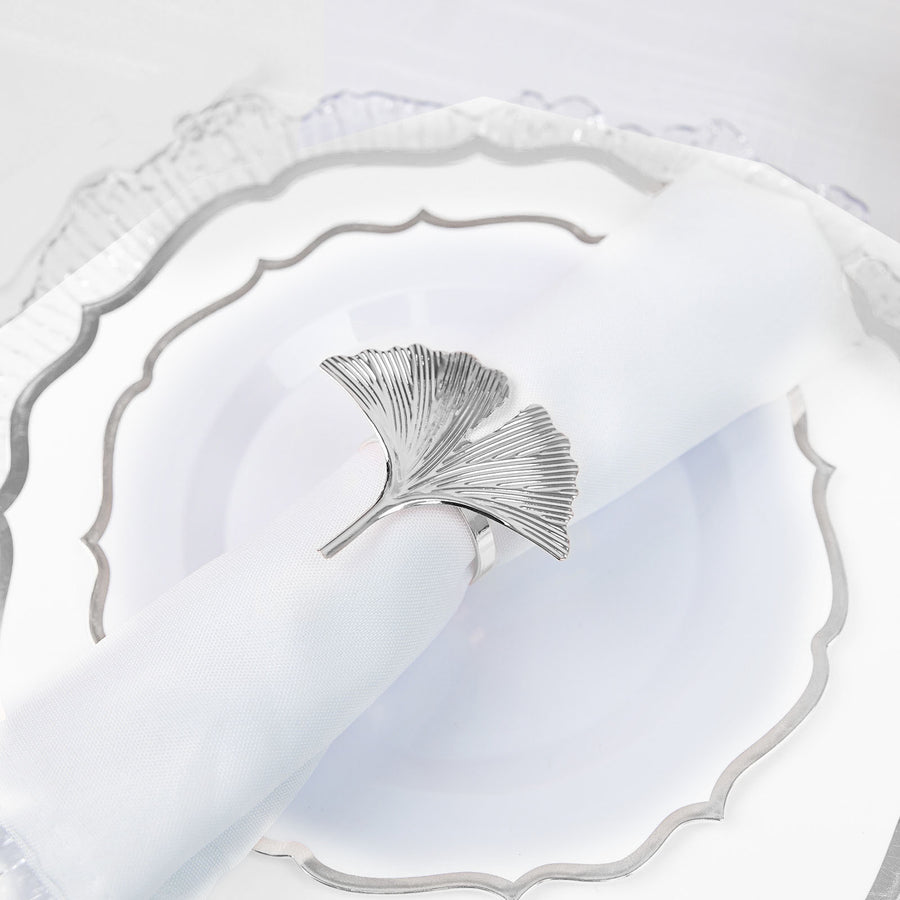 4 Pack Metallic Silver Ornate Ginkgo Leaf Design Linen Napkin Rings