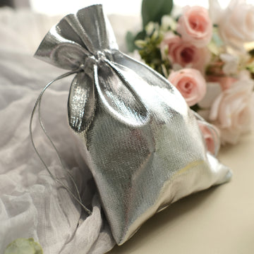 10 Pack | Metallic Silver Lame Polyester 5"x7" Party Favor Gift Bags, Shiny Fabric Drawstring Candy Pouch