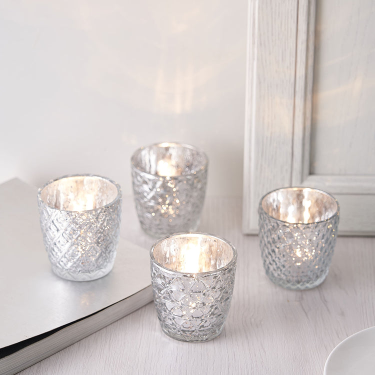 6 Pack Metallic Silver Mercury Glass Votive Tealight Candle Holders Geometric Designs 3 Inch