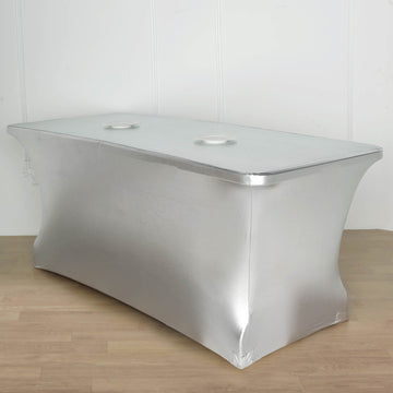 Metallic Silver Rectangular Stretch Spandex Table Cover 6ft