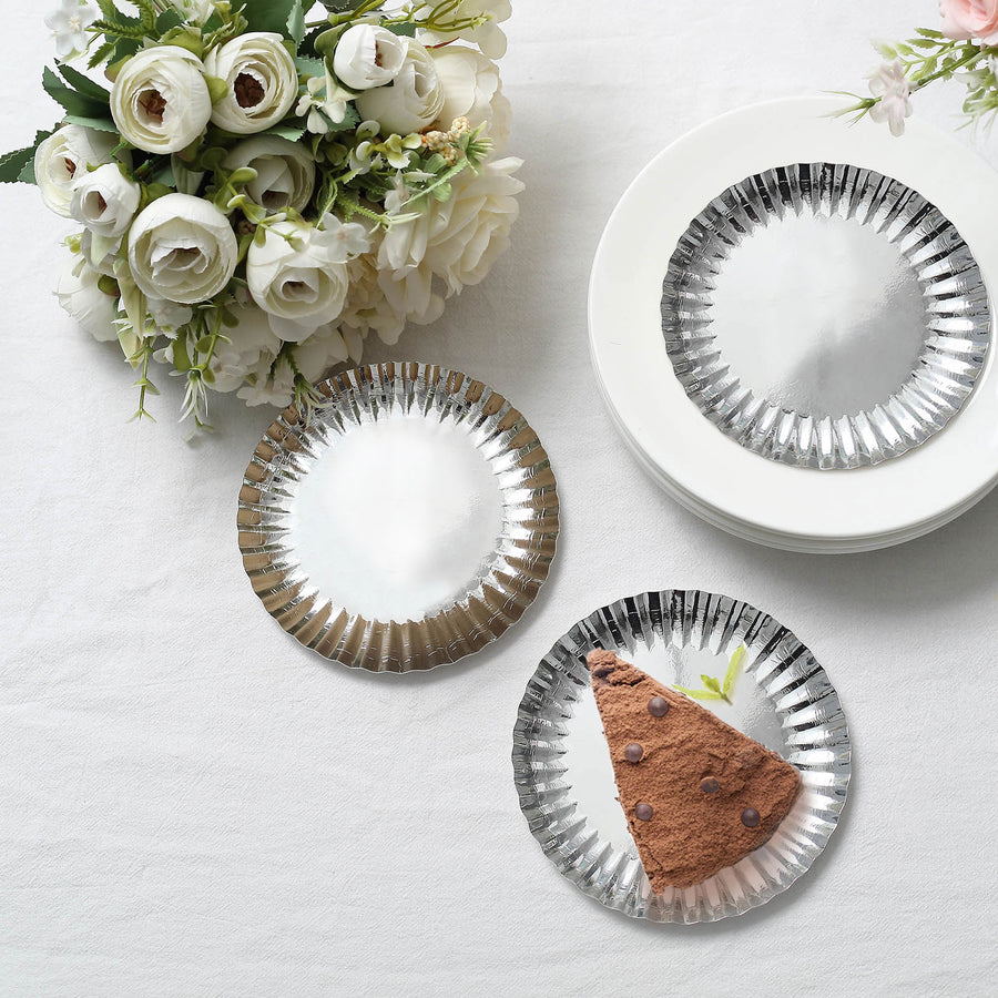 50 Pack | 5inch Metallic Silver Scalloped Rim Mini Paper Dessert Plates, Disposable Round Tapas