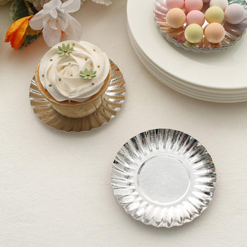50 Pack Metallic Silver Scalloped Rim Mini Paper Dessert Plates, Disposable Round Tapas Party Plates 250 GSM 3.5"