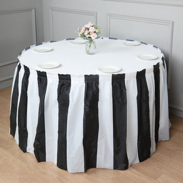 14ft | 10 Mil White / Black Stripe Plastic Table Skirt, Disposable Table Skirt Spill Proof