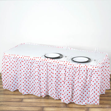 Elegant White/Red Polka Dots Pleated Plastic Table Skirts