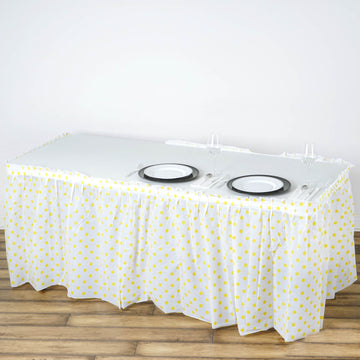 White / Yellow Polka Dots Pleated Plastic Table Skirts, Disposable Table Skirt Spill Proof 14ft 10 Mil