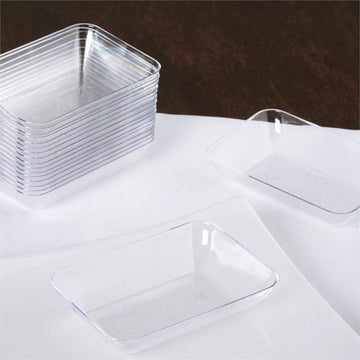 20 Pack | 3" Mini Clear Plastic Appetizer Dessert Plates, Rectangular Disposable Shallow Tapas Bowls