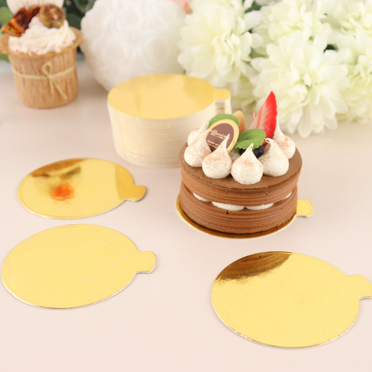 50 Pack Gold Round Mini Dessert Slice Paper Tray 3 Inch