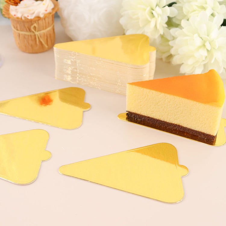 50 Pack Gold Triangle Mini Dessert Slice Paper Tray 2.8 Inch x 4.5 Inch