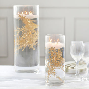 25 Pack | 6" Mini Metallic Gold Artificial Fern Leaf Branch Stems, Flower Vase Filler For Floating Candle Centerpieces