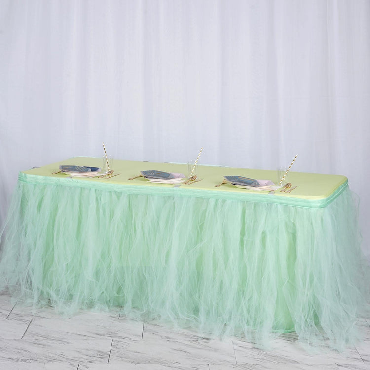 14 Feet 4 Layer Tulle Tutu Pleated Table Skirt in Mint Green Color