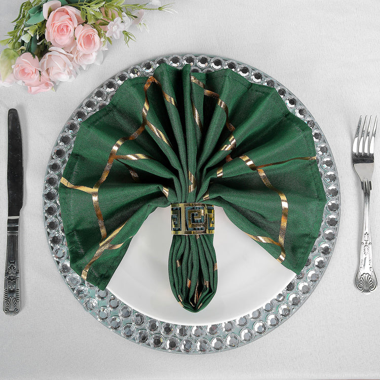 Hunter Emerald Green Polyester Dinner Napkins With Gold Geometric Design 20x20 Inches