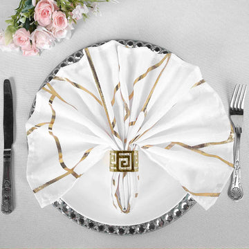 5 Pack Modern White and Geometric Gold Cloth Dinner Napkins 20"x20"