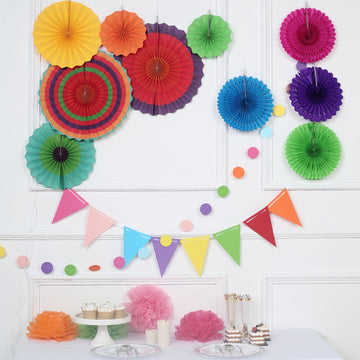 20Pcs Multicolored Hanging Fiesta Themed Party Decorations Kit, Paper Fans, Pom Pom Flowers, Polka Dot and Bunting Flag Garlands Included