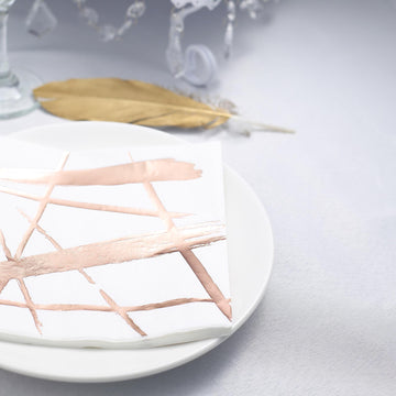 Add a Touch of Elegance to Your Tablescape with Metallic Rose Gold Streak White Paper Dinner Napkins