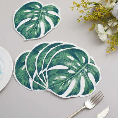 Set of tropical monstera leaf coasters in green and white design.