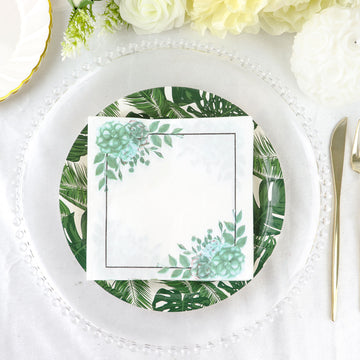 Elegant White and Green Floral Design Dinner Paper Napkins