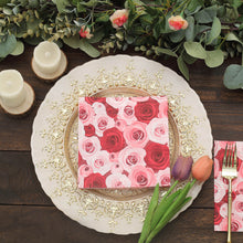 50 Pack | 2 Ply Soft Red / Pink Floral Design Paper Beverage Napkins