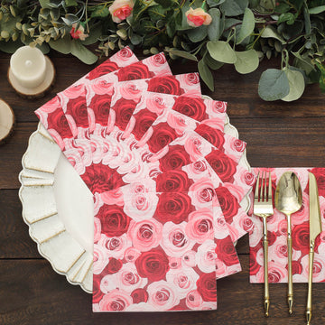 Soft Red / Pink Floral Design Paper Beverage Napkins - Versatile and Convenient