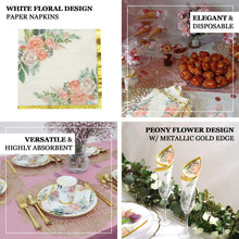 20 Pack | White Gold Trim Pink Peony Floral Design Paper Napkins