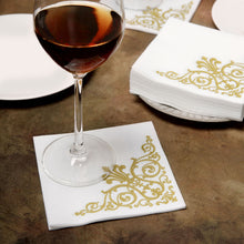 White Soft Linen Like Paper Napkins with Gold Fleur Design