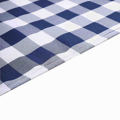 Navy and white checkered fabric corner detail shot.