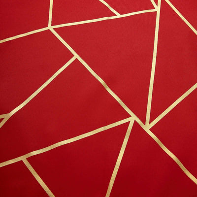 Red fabric with gold geometric pattern.