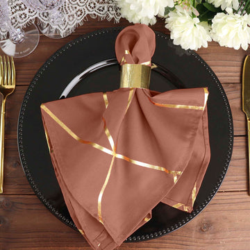 Terracotta (Rust) with Geometric Gold Foil Cloth Polyester Dinner Napkins