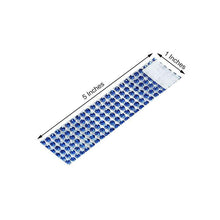 Blue rhinestone tape for napkin rings, sash buckles & clip pins with measurements on a white background