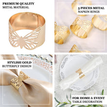 5 Pack | Metallic Gold Laser Cut Butterfly Napkin Rings, Paper Napkin Holders