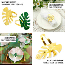 Green Tropical Leaf Linen Napkin Ring Holders 4 Pack Metallic Gold Color